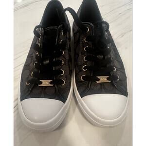 Coach Signature Canvas Low Top Sneakers Black Gold Hardware Monogram Women's